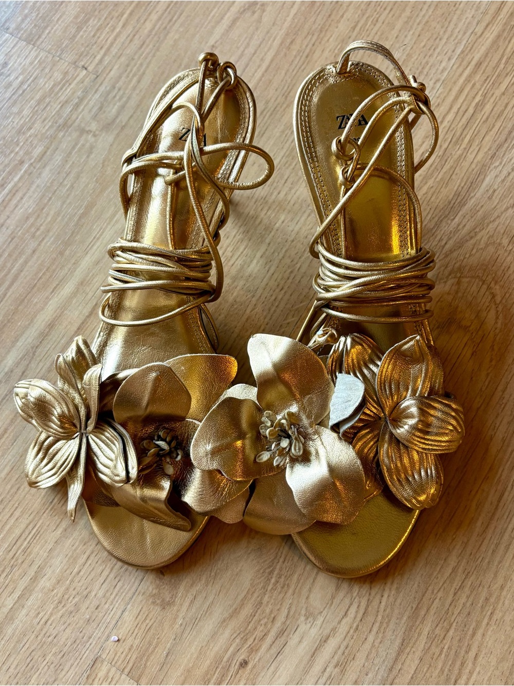 ZARA Gold Floral Lace-Up Leather 
Sandals
